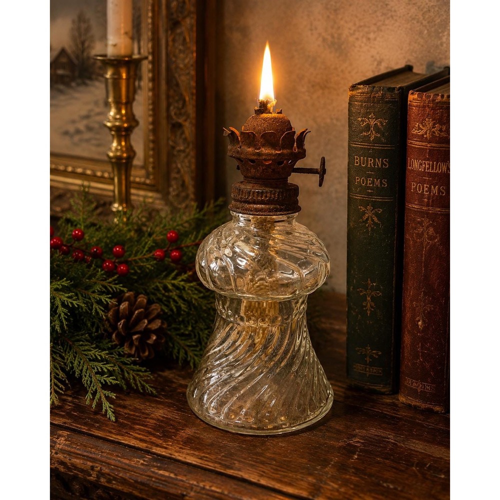 Antique Clear Glass Oil Lamp Swirl Pattern Original Burner Rustic Farmhouse